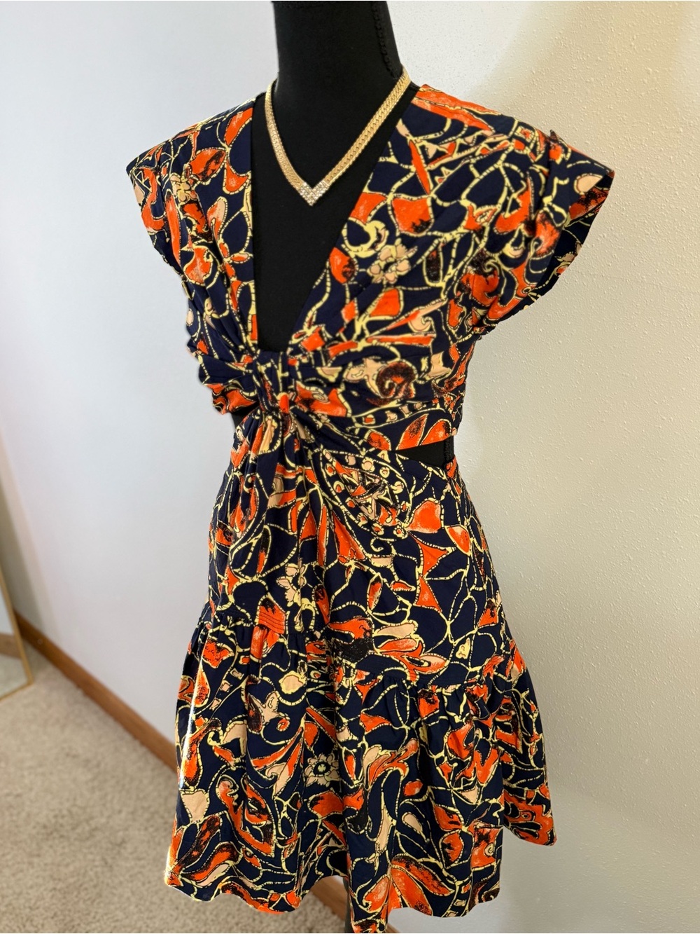 A.L.C. Printed Cotton Dress Size 2 Navy Orange Boho Tie Front Mini - Picture 4 of 11